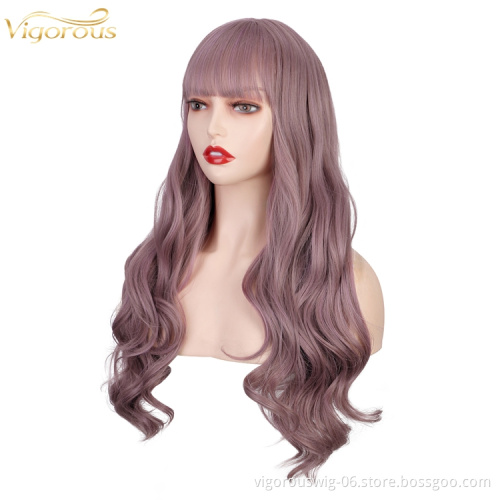 Vigorous Women's Purple Curly Long Wavy Wigs with Air Bangs Middle Part Synthetic Cosplay Wig for Girl Costume Wigs